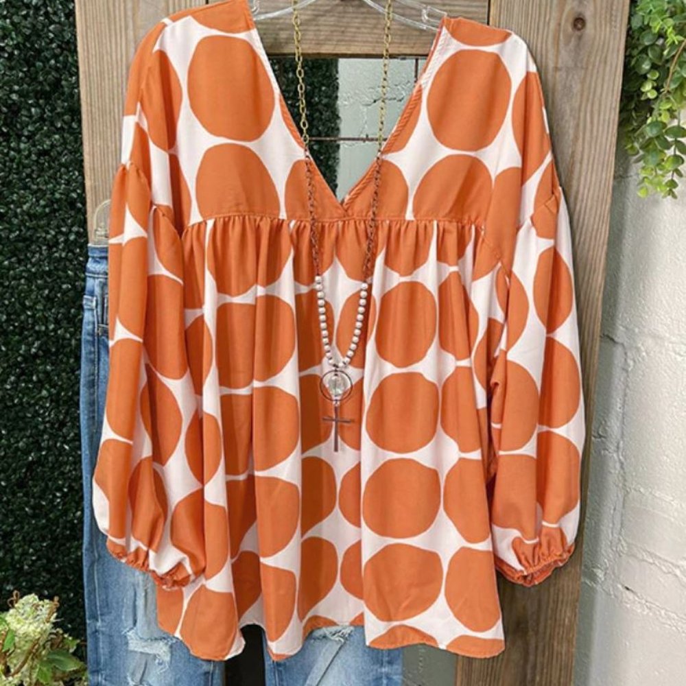 XL Orange and White Polka Dot Top